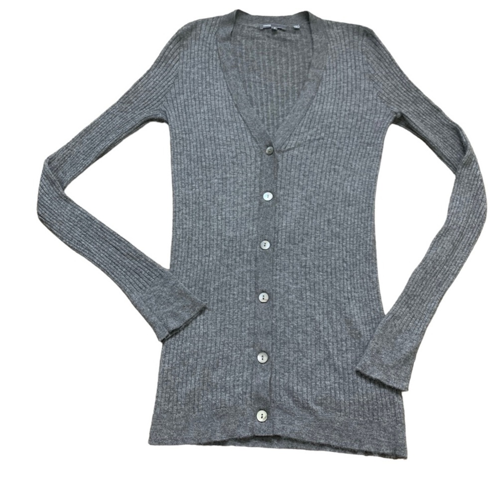 Vince Grey Ribbed Button Front V-Neck Cardigan Medium